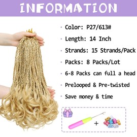 French Curl Crochet Braids 14 Inch Goddess Box Braids Crochet Hair for Women 7 Packs Pre Looped Crochet with Curly Ends Synthetic French Curly Braiding Hair Extensions P27/613