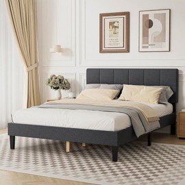 Sweetcrispy Queen Size Bed Frame - Linen Upholstered Platform Bed with Headboard, No Box Spring Needed with 800LBS Solid Wooden Slats Support, No-Noise, Easy Assembly, Dark Grey