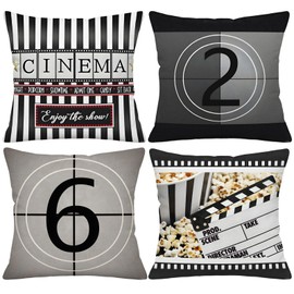 Doobicy 18x18Inch Vintage Cinema Pillow Covers Set of 4, Retro Movie Countdown Film Elements Black and White Decor Throw Pillowcases for Home Theater, Living Room-Double-Sided Print