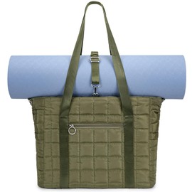 KAVIGOR Tote Bag for Women with Zipper, Puffer Gym Tote with Compartments, Quilted Shoulder Bag with Yoga Mat Straps for Sport, Travel, Dark Green