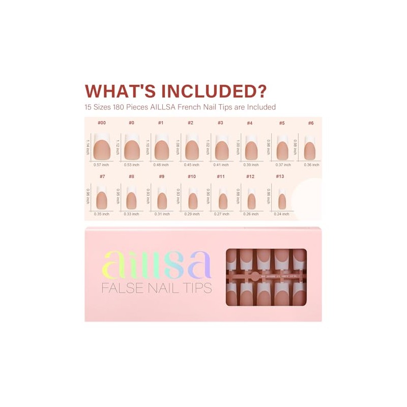 AILLSA Uñas Postizas Francesas de Gel, 180 Unidades, Color Marrón,