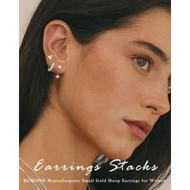 RLMOON 3 Pairs of Earrings Silver 925 Set for Women Girls Gold 14K Gold Plated Small Stud Earrings CZ Zirconia Butterfly Earrings Hoop Earrings Hypoallergenic Stackable Helix Piercings for Multiple