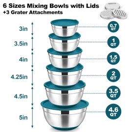 TeamFar Mixing Bowls, Stainless Steel Nesting Salad Bowl with Lids & 3 Graters, For Kitchen Cooking Serving Prepping, Airtight & Non-Slip, Size 4.6/3.5/2/1.5/1/0.7 QT, Set of 5 & Blue