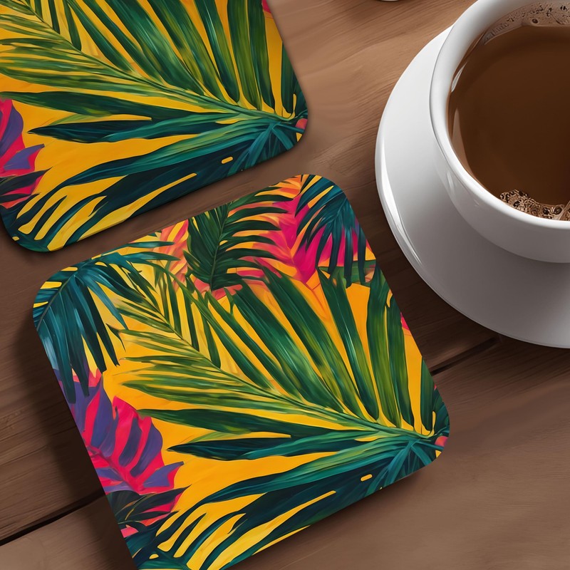 Tropical Leaf Coaster Set, Exotic Floral Art 9cm Glossy Wood