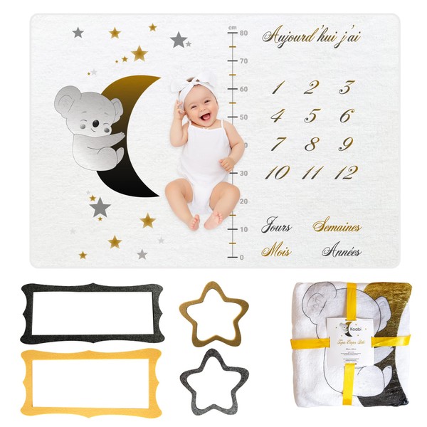Baby Step Blanket in French | Evolution Mat | Boy or Girl | Unisex | Moon, Stars, Koala | Age & Size Tracking | Newborn Gift | Soft & Comfort | 120 x 100 cm