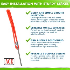 ACE Supply Orange Marking Whiskers with Stakes - Pack of 100 - Durable Marking Whisker Set - Use Survey Whiskers As Ground Markers, Construction Markers, Or Trail Markers