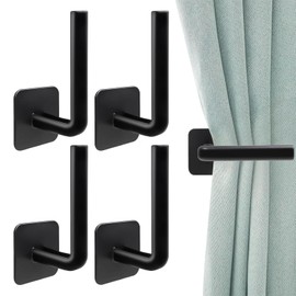 4 PCS Curtain Tie Backs Hooks, Black L Shaped Curtain Holdbacks, No Drill Curtain Holder, Black Curtain Tie Backs for Home Decor Living Room Bedroom Kitchen Bathroom