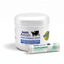 Smith Amish Hand Renewal Cream 4.5 oz + bálsamo labial orgánico de menta | Juego de cuidado de manos y labios hidratantes profundos para manos secas y