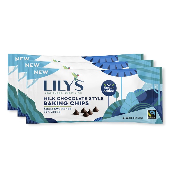 Milk Chocolate Baking Chips By Lily's | Stevia Sweetened, No Added Sugar, Low-Carb, Keto-Friendly | 32% Cocoa | Fair Trade, Gluten-Free & Non-GMO | 9 ounce, 3-Pack