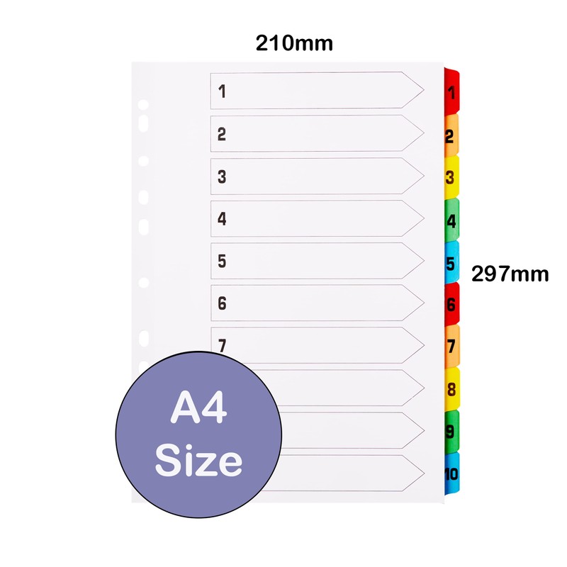 File Dividers A4, 10 Part Folder Dividers for Ring Binders