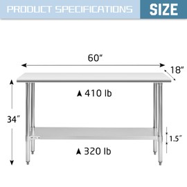 HALLY Stainless Steel Table for Prep & Work 18 x 60 Inches, NSF Commercial Heavy Duty Table with Undershelf and Galvanized Legs for Restaurant, Home and Hotel
