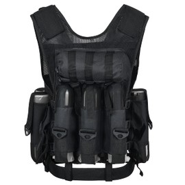 9 pod Paintball / Tactical Vest with Barrel Pouch and Neck protector Unisex Combat vest with Adjustable Sides and Shoulder to Fit all, Black