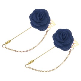 sourcing map Lapel Pin for Men, Size: 1.57 inch Cloth Alloy Rose Flower Pin Suit Lapel Stick with Gold Leaf & Trim/Tassel Chain Brooch for Bridegroom Wedding 2 Count Blue