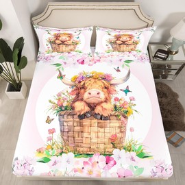 Homemissing Cute Highland Cow Bedding Sheets Single Highland Cattle for Kids Teens Farm Animal Fitted Sheet Bed Sheet Set Pink Flower Bed Cover 2Pcs,1 Fitted Sheet+1 Pillow Sham（No Flat Sheet）