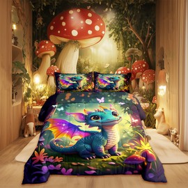 Castle Fairy Cute Dragon Comforter Set Full Size Mushroom Floral Butterfly Bedding Set Toddler Bedroom Decor Purple Orange Wings Dragon All Season Quilt Set Dreamy Jungle Bedding Comforter Sets,3Pcs
