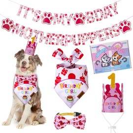 TCBOYING Dog Birthday Party Supplies, Multi Size Offered, Dog Birthday Bandana Banner Girl Hat Bow Tie with Numbers for Small Medium Large X-Large Dogs Pets (Pink, X-Large)