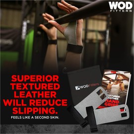 WODFitters Textured Leather Hand Grips for Cross Training, Kettlebells, Powerlifting, Chin Ups, Pull Ups, WODs & Gymnastics – with Grips Storage Pouch