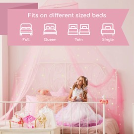 Pink Bed Canopy for Girls with Glowing Stars - Princess Crib Netting Room Decor, Ceiling Tent to Cover Toddler Crib | Single, Twin, Full, Queen Size Kids Bed Curtains, Fire Retardant Fabric