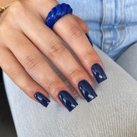 SXVME Deep Blue False Nails Medium Short Square, Press on Nails Medium Glossy Gel Fake Nails Solid Color Natural Fit Reusable Acrylic Stick on Nails for Women Daily Wear, in 24 Pcs