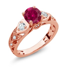 Gem Stone King 18K Rose Gold Plated Silver Red Created Ruby Engagement Ring For Women (2.26 Cttw, Round 6MM, Available in size 5, 6, 7, 8, 9)
