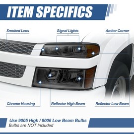 Auto Dynasty Headlights Assembly Compatible with 2004-2012 Chevy Colorado GMC Canyon, 2006 Isuzu i-290 i-370 2007-2008 i-280 i-350, 4Pcs Halogen Headlamps w/Bumper Lamps, Smoked Lens Amber Corner