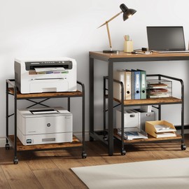 Warmiehomy Under Desk Printer Stand - Large Printer Table with Adjustable Storage Shelf - 2 Tier Rolling Printer Cart with Wheels - Use for 3D, Laser, Home Office (Rustic Brown)