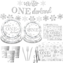 142Pcs Winter Onederland 1st Birthday Decorations Silver Snowflake Plates Napkins Tablecloth Banner Wonderland 1st Birthday Decorations with Snowflake Winter First Birthday Decorations
