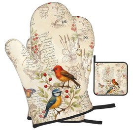 Vintage Bird Themed Hot Pads and Oven Mitts Set of 3,Heat Resistant Non Slip Cute Rustic Kitchen Mitts and Pot Holder Set & Baking Gloves for Cooking Baking Grilling BBQ,Bird Lover Gifts for Women