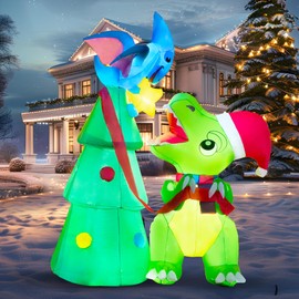 Joiedomi 7 FT Christmas Dinosaur Inflatable Decoration, Dinosaur Decorating a Christmas Tree Inflatable with Built-in LEDs Blow Up Inflatables for Party Outdoor, Yard, Garden, Lawn Winter Decor