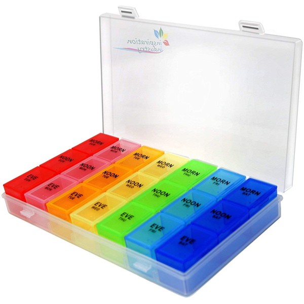 Rainbow Weekly Pill Organizer with Snap Lids| 7-day AM/PM | Detachable Compartments for Bigger Pills, Vitamin. (Rainbow)