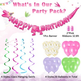 WERNNSAI Dinosaur Birthday Party Decorations - 65 PCS Dinosaur Birthday Party Supplies Happy Birthday Banner Ballons Hanging Swirls for Kids Girls Dino Birthday Party Decorations Pink