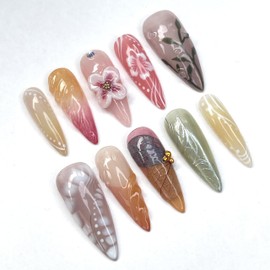 Nature 's Embrace, Stiletto Nails, Handmade Nail Set, Size M