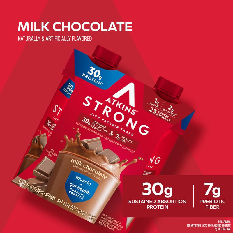 Atkins Strong High Protein Shake, Milk Chocolate, 30g Protein, 7g