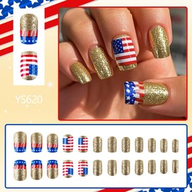 Independence Day Press on Nails Medium Square Fake Nails with Red Blue American Flag Design Gold Glitter False Nails Patriotic Glossy 4th of July Acrylic Nails for Women Girls Manicure 24Pcs