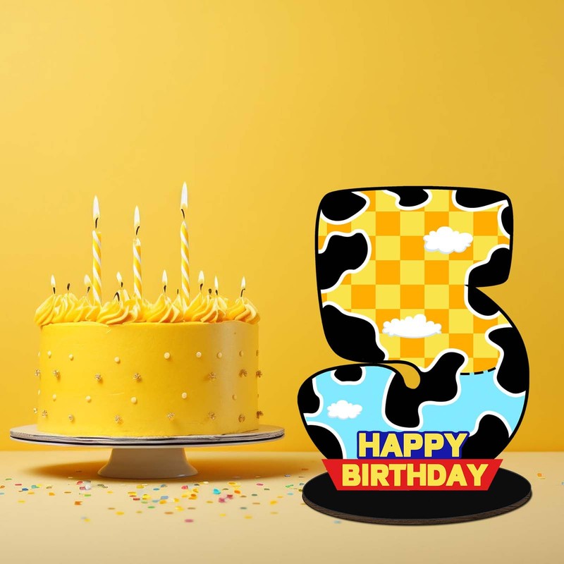 Cartoon Blue Cloud Cow Themed 5th Birthday Centerpiece Number Sign