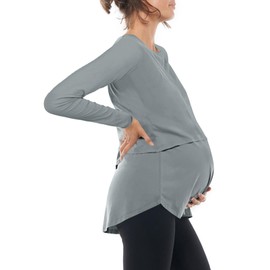Tankaneo Womens Maternity Nursing Tops Casual Long Sleeve Double Layer Breastfeeding Shirts Pregnancy Clothes Grey