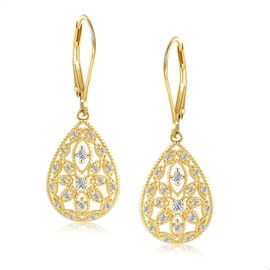 Gold Teardrop Dangle Earrings for Women 14K Gold Plated Cubic Zirconia Leverback Filigree Drop Dangle Earrings Jewelry Hypoallergenic Teardrop Filigree Earring for Women (Gold)