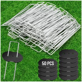 50Pcs Garden Landscape Staples Set, 40Pcs Galvanized Stakes + 10Pcs Gasket, 6 Inch 11 Gauge Heavy Duty Galvanized Landscape Pins Staples for Securing Lawn Fabric, Weed Barrier