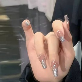 24 Pcs Nail Tips Silver Flash Fake Nails for Photo Taking Pictures Wedding Party After-Party Pearl Rhinestone