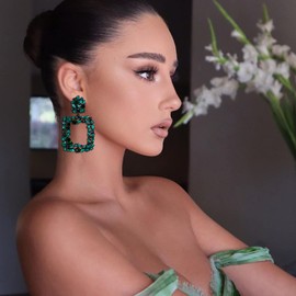 EVER FAITH Rhinestone Rectangle Clip-On Earrings Geometric Statement Drop Earrings Clip On for Women Girls Iridescent Green, Crystal, Crystal