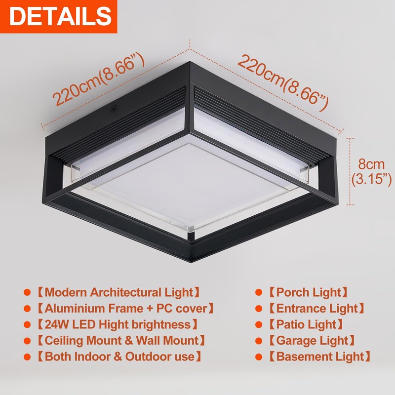 CHENS01 Square Flush Mount Outdoor LED Ceiling Light Fixture, 120V