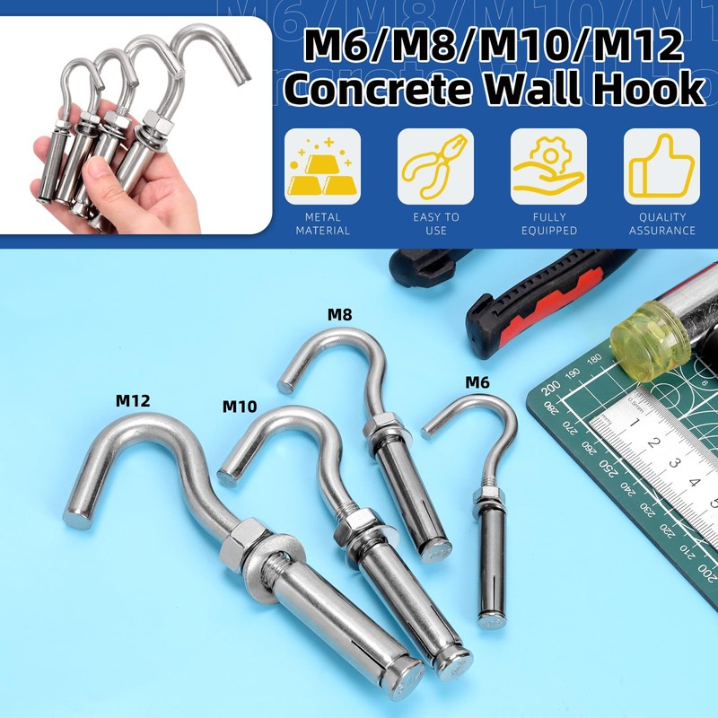 Glarks 6pcs M8 Expansion Hook Set, 304 Stainless Steel Open