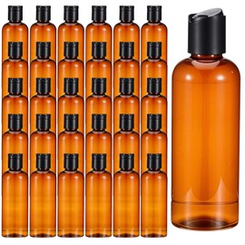 30 Pack Refillable Squeeze Bottles for Shampoo, 6.8 oz Empty Lotion Bottles with Disc-Top Cap, Amber Plastic Travel Containers for Body Wash, Creams & Essential Oils (BPA-Free PET+PP)