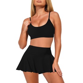 Pink Queen Women's 2-Piece Bikini Set Adjustable Straps High Waist Swim Skirt, black