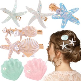PAGOW 7 Pcs Starfish Hair Clips, Crystal Seashell Hair Clips, Sea Star Ponytail Holder, Crystal Wedding Headpiece Hair Accessories For Women, Bride