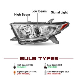 JSBOYAT Halogen Headlight Assembly Replacement for 2011 2012 2013 Toyota Highlander Headlamp Passenger and Driver Side Chrome Housing Amber Reflector (Bulbs Included), Only Fits Halogen Models