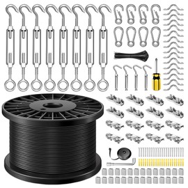 TESSKY String Light Hanging Kit with 500FT Vinyl Coated Stainless Steel 304 Wire Rope Suspension Kit Included Enough Accessories with Turnbuckles and Hooks for Patio, Garden and Wedding Lighting
