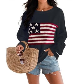 Dressmine Womens Sweater Long Sleeve USA Tops Knit Crewneck America Flag Clothes Casual Loose Jumper Tops Black Small