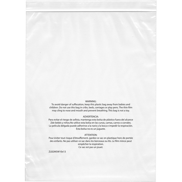 Plymor Zipper Reclosable Plastic Bags w/ Printed Suffocation Warning, 2 Mil, 10" x 13" (Pack of 100)