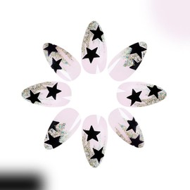 Press on Nails Medium Almond Fake Nails with Black Stars Designs Gold Glitter French Glue on Nails Translucent Artificial False Nails Reusable Stick on Nails for Women 24 Pcs